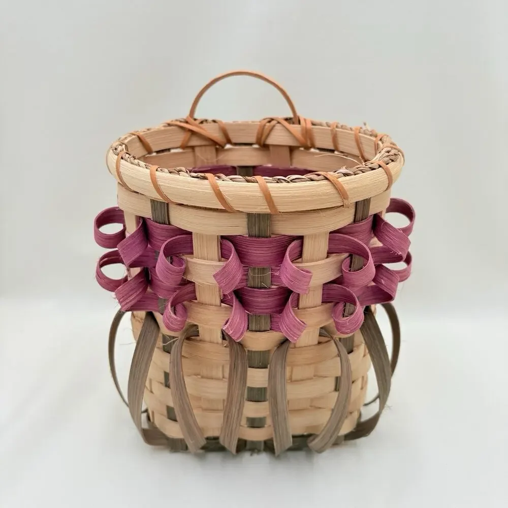 Vintage Wall Pocket Hanging Basket Woven Curl Twist Ribbon Signed - Country